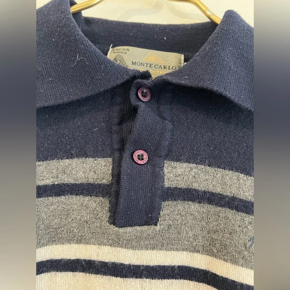 Monte Carlo striped sweater 1/4 button 100 % MAGNA WOOL collar Sz 40 12/14Years
